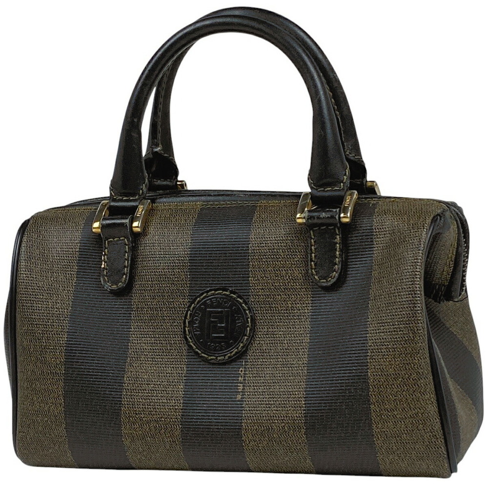 Fendi Pequin Handbag Boston Bag Canvas Brown Black